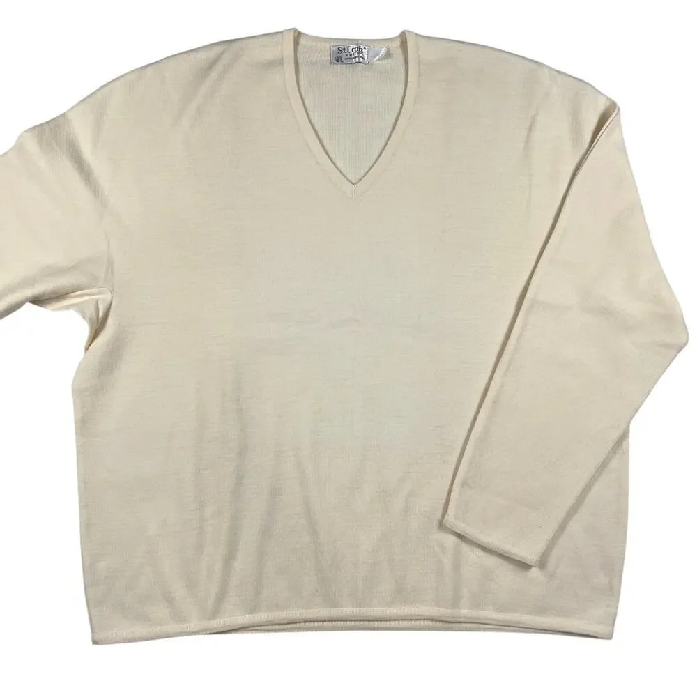 St. Croix Knits Cream Zephyr 100% Merino Wool V-Neck Pullover Sweater Size XXL